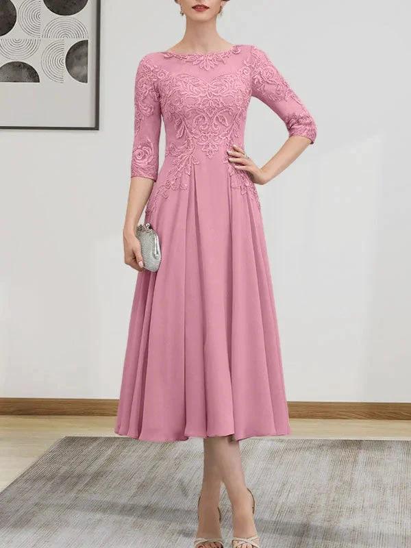 A-line Scoop Illusion Tea-Length Chiffon Lace Mother of the Bride Dress With Beading Sequins