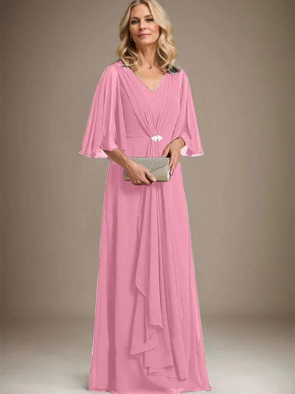 A-line V-Neck Floor-Length Chiffon Mother of the Bride Dress With Cascading Ruffles Crystal Brooch