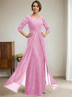 A-Line Scoop Illusion Floor-Length Lace Chiffon Mother Of the Bride Dress With Beading Ruffles