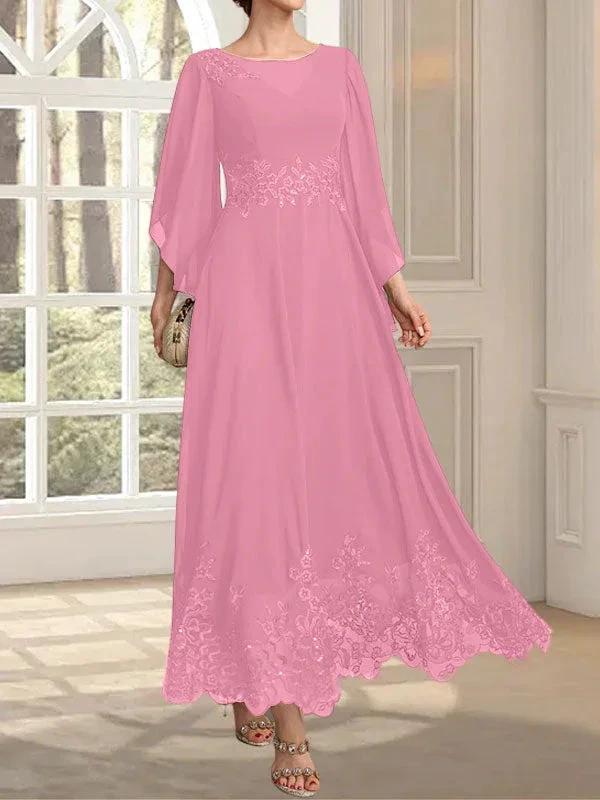 A-line Scoop Illusion Ankle-Length Lace Chiffon Mother of the Bride Dress With Sequins