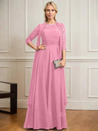 A-line Scoop Illusion Floor-Length Lace Chiffon Mother of the Bride Dress With Pleated