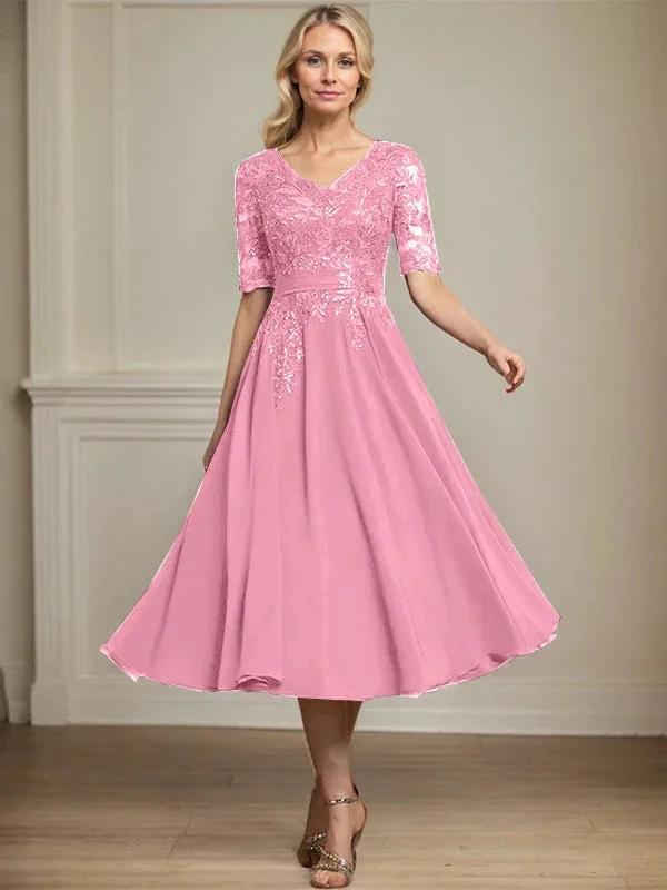 A-line V-Neck Tea-Length Lace Chiffon Mother of the Bride Dress With Sequins