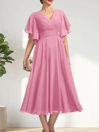 A-line V-Neck Tea-Length Chiffon Mother of the Bride Dress With Pleated Beading
