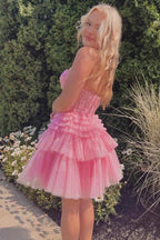 Appliques Strapless A-line Multi-Layers Pink Homecoming Dress PD502