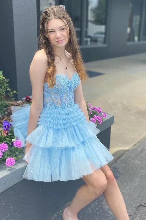 Appliques Strapless A-line Multi-Layers Pink Homecoming Dress PD502