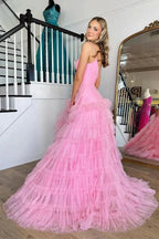 Pink V-Neck Empire Waist Tiered Long Prom Dress with Ruffles  PSK409