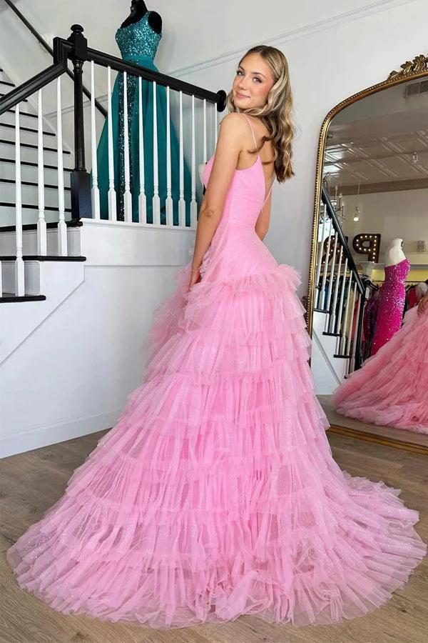 Pink V-Neck Empire Waist Tiered Long Prom Dress with Ruffles  PSK409