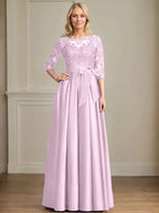 A-line Scoop Illusion Floor-Length Satin Lace Mother of the Bride Dress With Sequins Bow