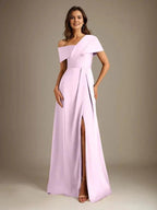 A-Line Asymmetrical Neckline Floor-Length Satin Mother of the Bride Dress With Pleated
