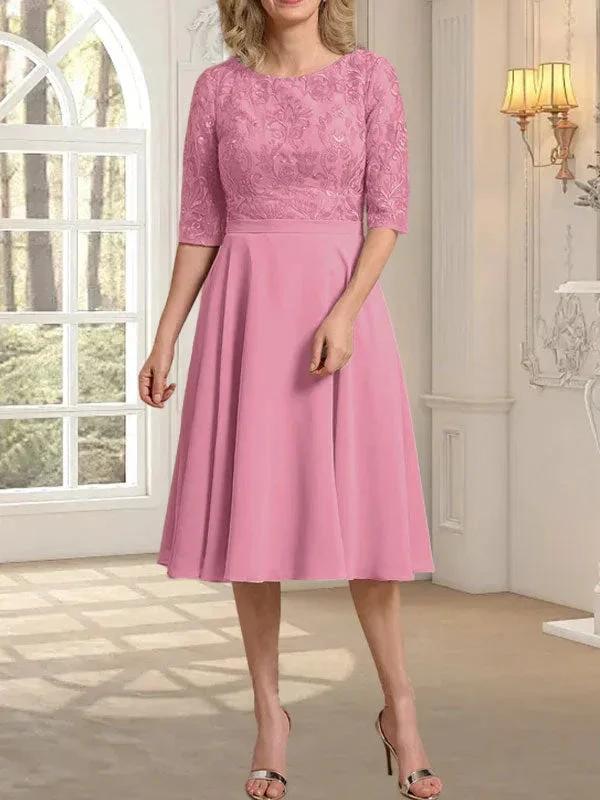 A-line Scoop Knee-Length Lace Chiffon Mother of the Bride Dress
