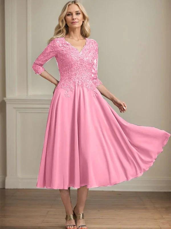 A-line V-Neck Tea-Length Chiffon Lace Mother of the Bride Dress With Beading Sequins