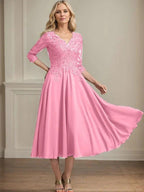A-line V-Neck Tea-Length Chiffon Lace Mother of the Bride Dress With Beading Sequins