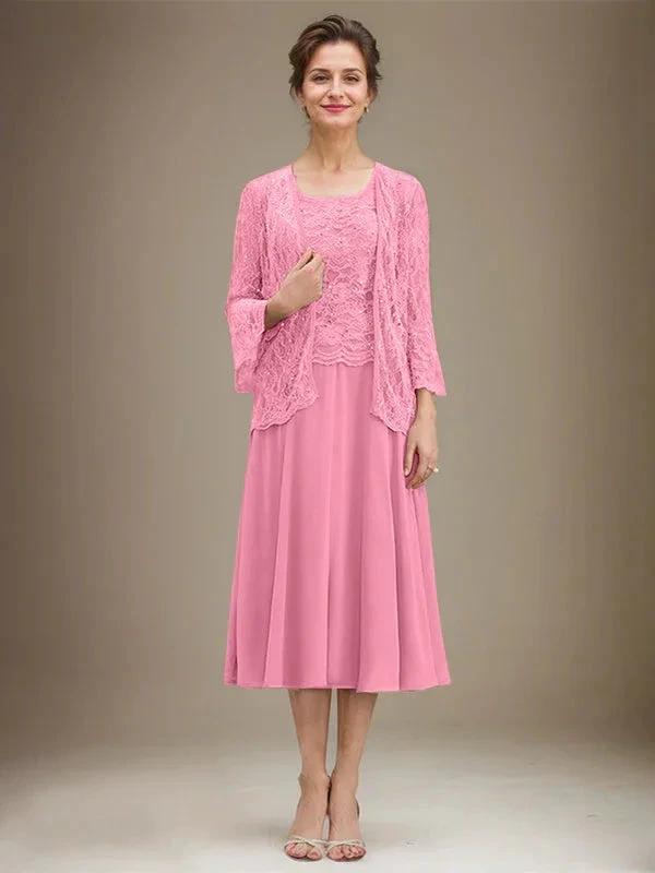 A-line Scoop Tea-Length Lace Chiffon Mother of the Bride Dress With Sequins