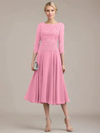 A-line Scoop Tea-Length Lace Chiffon Mother of the Bride Dress