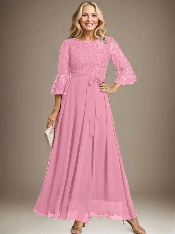 A-line Scoop Ankle-Length Lace Chiffon Mother of the Bride Dress With Bow