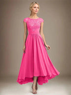 A-line Scoop Illusion Asymmetrical Lace Chiffon Mother of the Bride Dress With Pleated