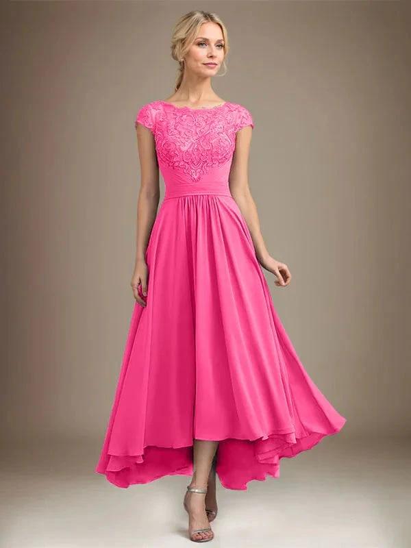 A-line Scoop Illusion Asymmetrical Lace Chiffon Mother of the Bride Dress With Pleated