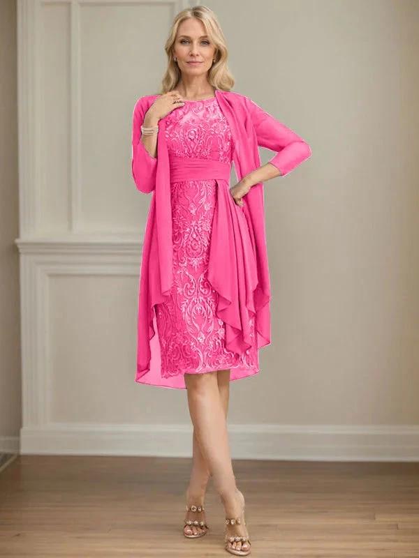 Sheath/Column Scoop Illusion Knee-Length Lace Chiffon Mother of the Bride Dress With Cascading Ruffles Sequins