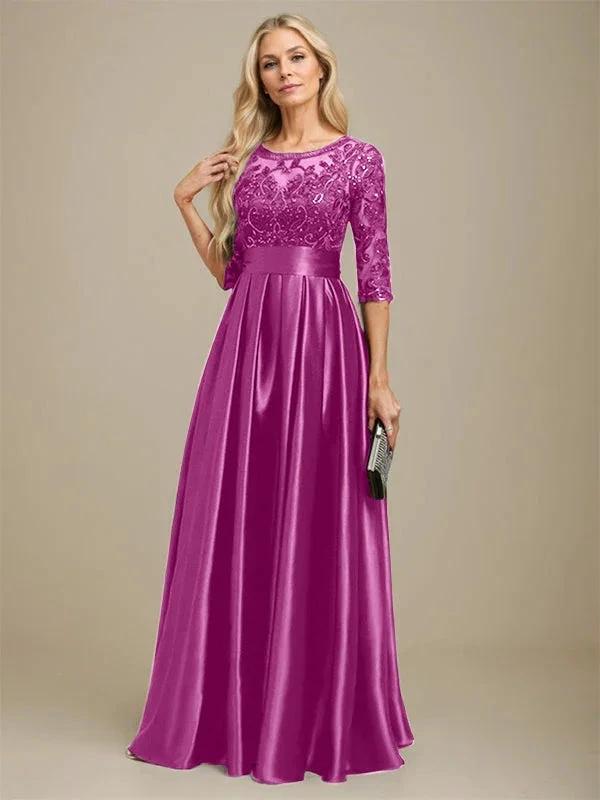A-line Scoop Illusion Floor-Length Stretch Satin Lace Mother of the Bride Dress With Bow Sequins
