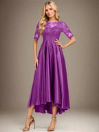 A-line Scoop Illusion Asymmetrical Stretch Satin Lace Mother of the Bride Dress With Sequins