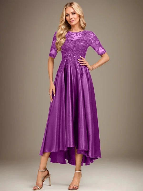 A-line Scoop Illusion Asymmetrical Stretch Satin Lace Mother of the Bride Dress With Sequins