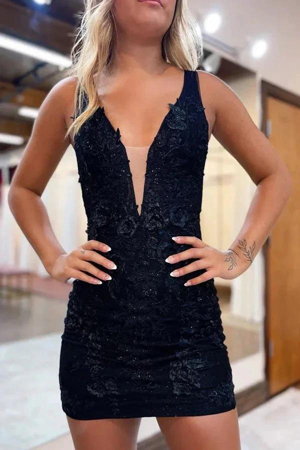 Plunging V-Neck Lavender Straps Appliques Illusion Homecoming Dress PD470