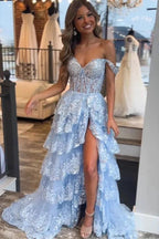 Princess Lace Tiered Stunning Blue Prom Dress With Lace Ruffles PSK516
