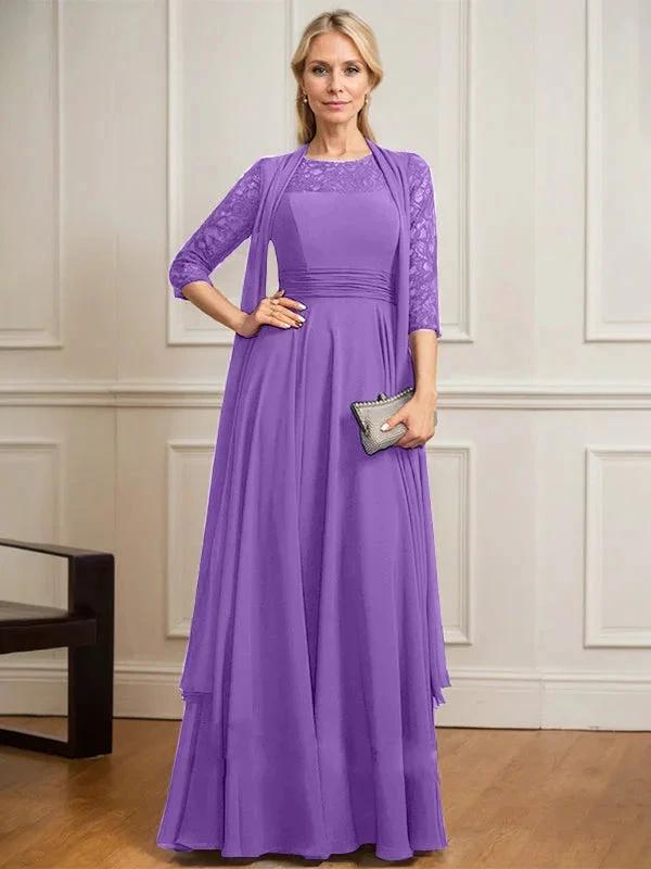 A-line Scoop Illusion Floor-Length Lace Chiffon Mother of the Bride Dress With Pleated