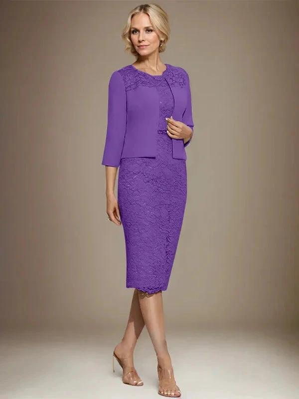 Sheath/Column Scoop Knee-Length Chiffon Lace Mother of the Bride Dress With Beading