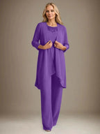 Chiffon Scoop Long Sleeves Mother Of The Bride Pantsuits With Jacket