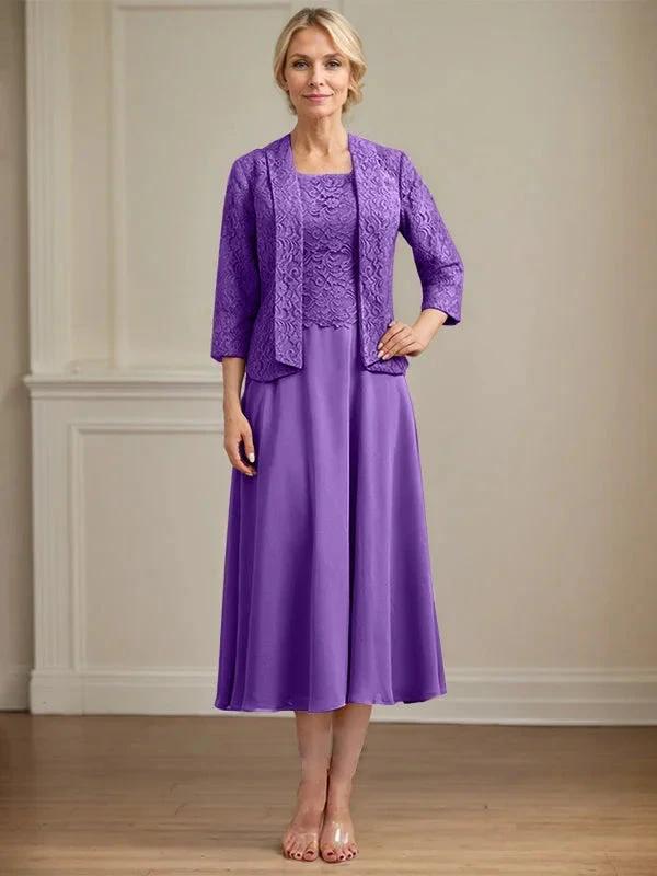 A-line Scoop Tea-Length Lace Chiffon Mother of the Bride Dress