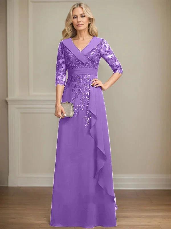 A-line Collared V-Neck Floor-Length Lace Chiffon Mother of the Bride Dress With Sequins Cascading Ruffles