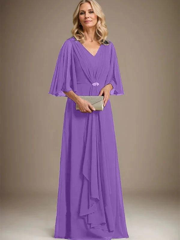 A-line V-Neck Floor-Length Chiffon Mother of the Bride Dress With Cascading Ruffles Crystal Brooch