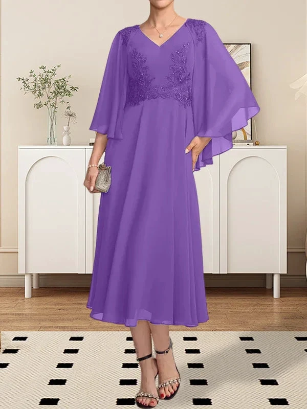 A-line V-Neck Tea-Length Chiffon Lace Mother of the Bride Dress With Beading Sequins