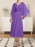 A-line V-Neck Tea-Length Chiffon Lace Mother of the Bride Dress With Beading Sequins