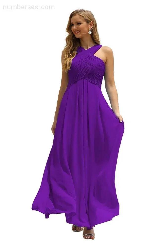 Numbersea Women Halter Chiffon Bridesmaid Dress A-line Long Formal Prom Gown SEA28015