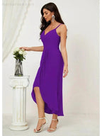 Numbersea Spaghetti Chiffon V Neck Bridesmaid Dress Mid-Length Slit Formal Prom Dress Homecoming Dress 2803