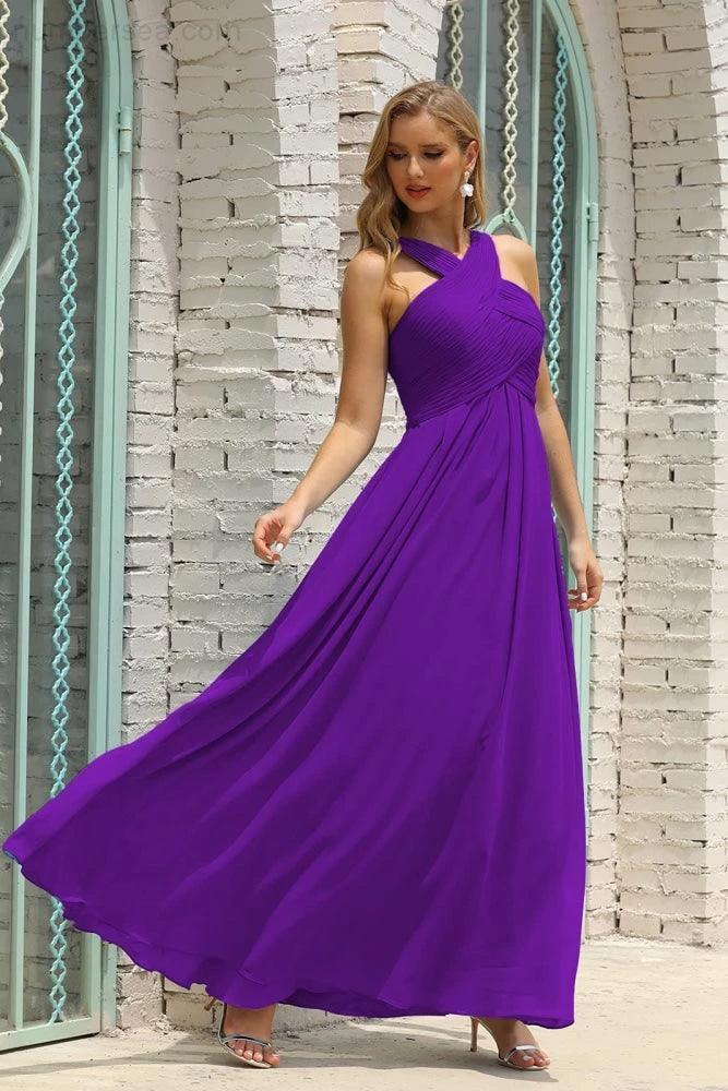Numbersea Women Halter Chiffon Bridesmaid Dress A-line Long Formal Prom Gown SEA28015
