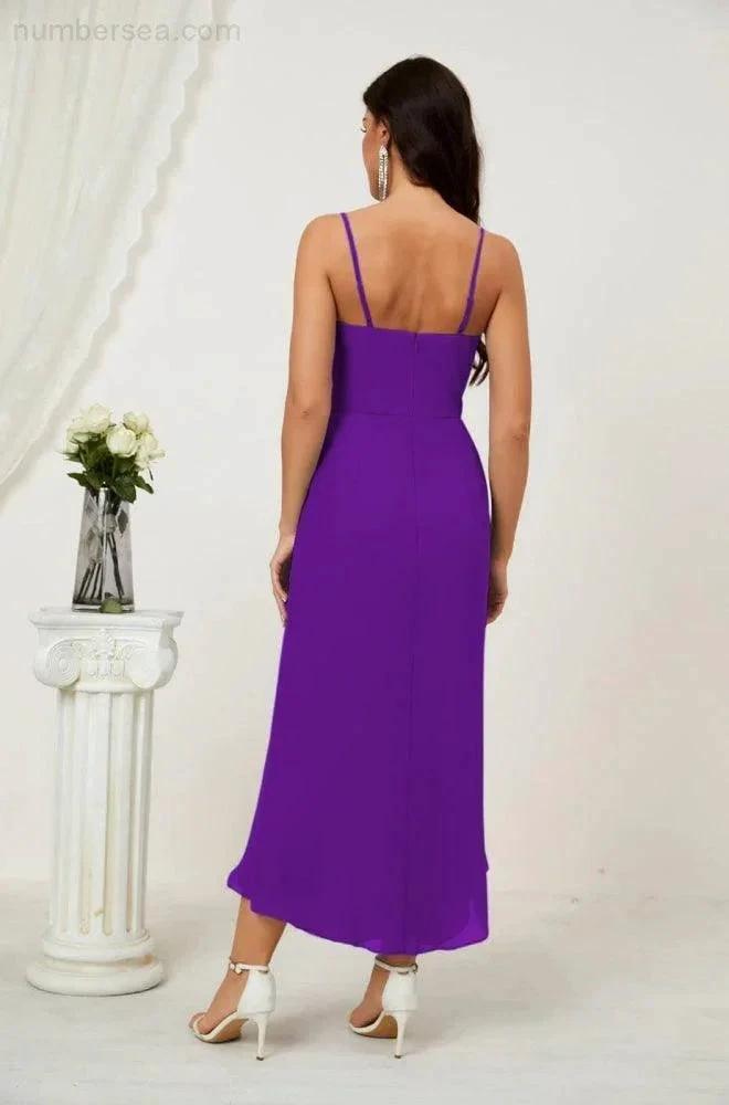 Numbersea Spaghetti Chiffon V Neck Bridesmaid Dress Mid-Length Slit Formal Prom Dress Homecoming Dress 2803