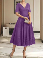 A-line V-Neck Tea-Length Tulle Lace Mother of the Bride Dress With Pleated