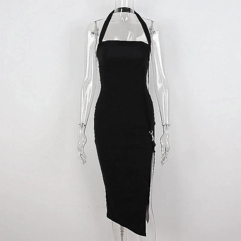 Women's Black Halter Prom Dress With Slit Sexy Black Sleeveless Evening Dress Y1161
