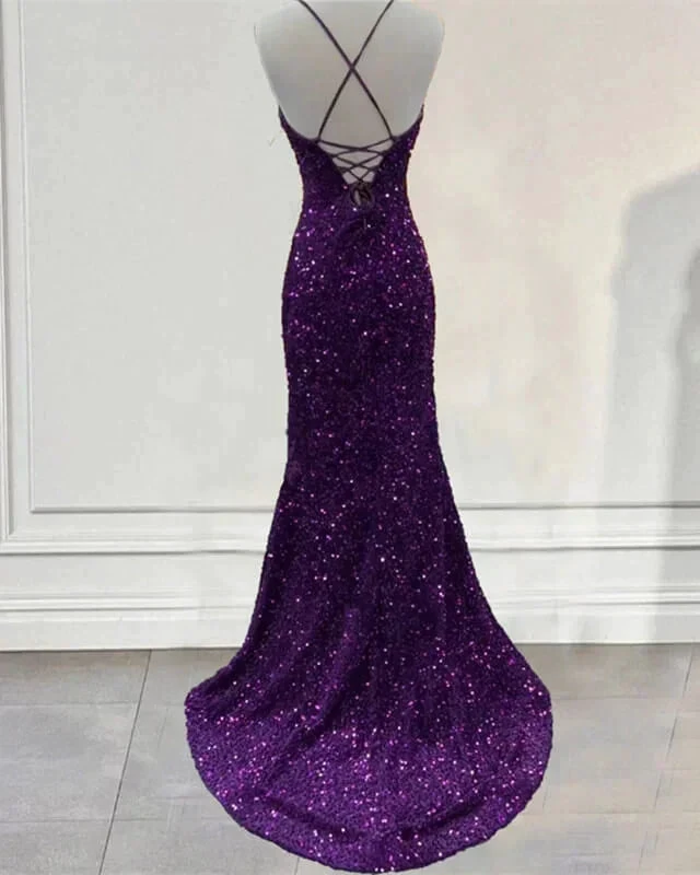 Dark Purple Prom Dress Sequin Mermaid Formal Evening Dress Split Y7212