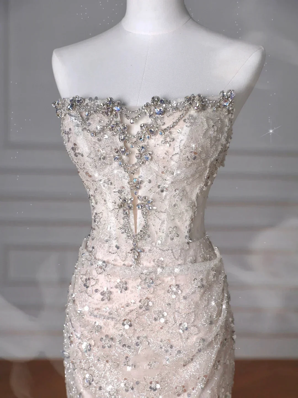 Sparkly Strapless Tulle Sequins Mermaid Prom Dress Long Evening Dress Y8616