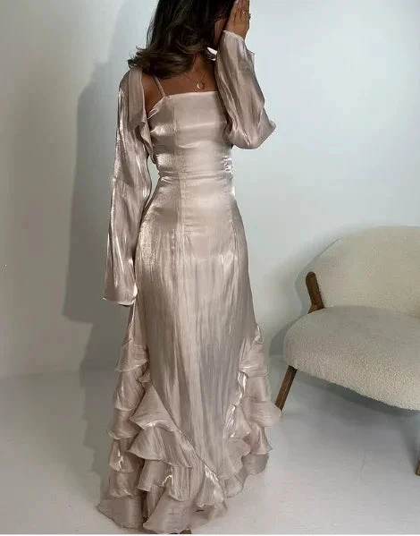 Vintage Prom Dresses with Pleated Ruffles Floor Length Evening Gown Y4595