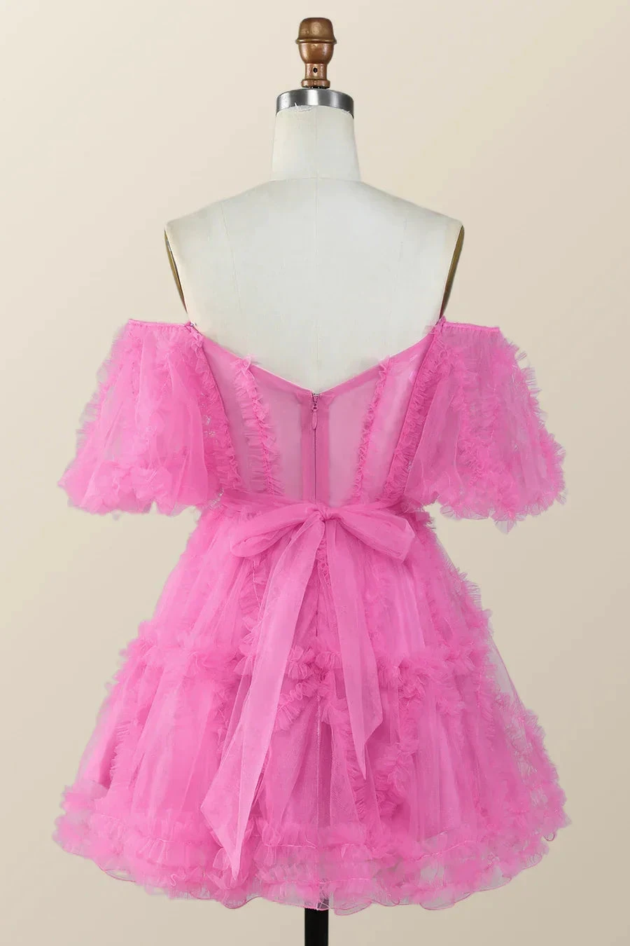 Off the Shoulder Hot Pink Ruffles Short A-line Homecoming Dress Y2783