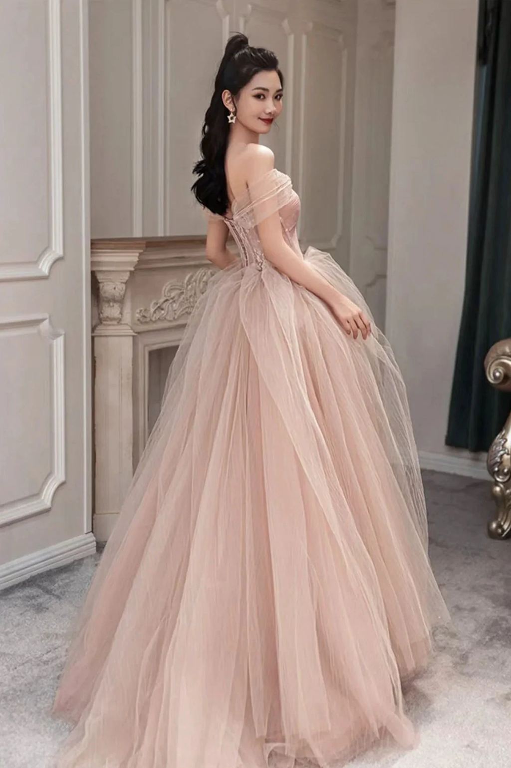 Pink Tulle Long Prom Dress Pink Evening Dress Y1825