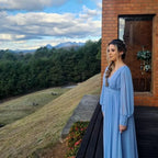 Vintage Long Blue V-Neck Evening Dresses A-Line Chiffon Pleated Ankle Length Prom Dress Y5048