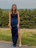 Simple Spaghetti Straps Navy Blue Satin Pleated Slit Long Prom Dress Evening Dress Y7988