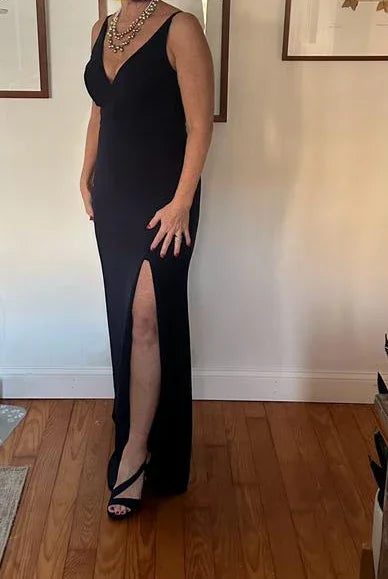 Classy V Neck Black Sleeveless Satin Prom Dress Side Slit Party Evening Dress Y8456
