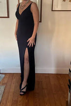 Classy V Neck Black Sleeveless Satin Prom Dress Side Slit Party Evening Dress Y8456